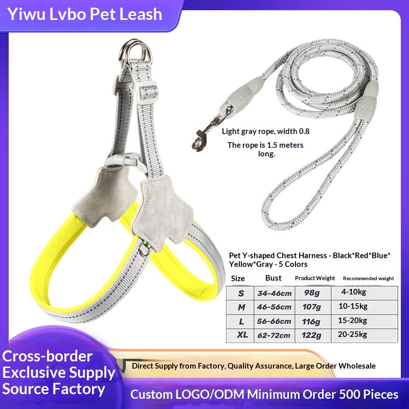 Small dog wearing a reflective Y-shape vest harness with leash attached, shown in a breathable mesh style