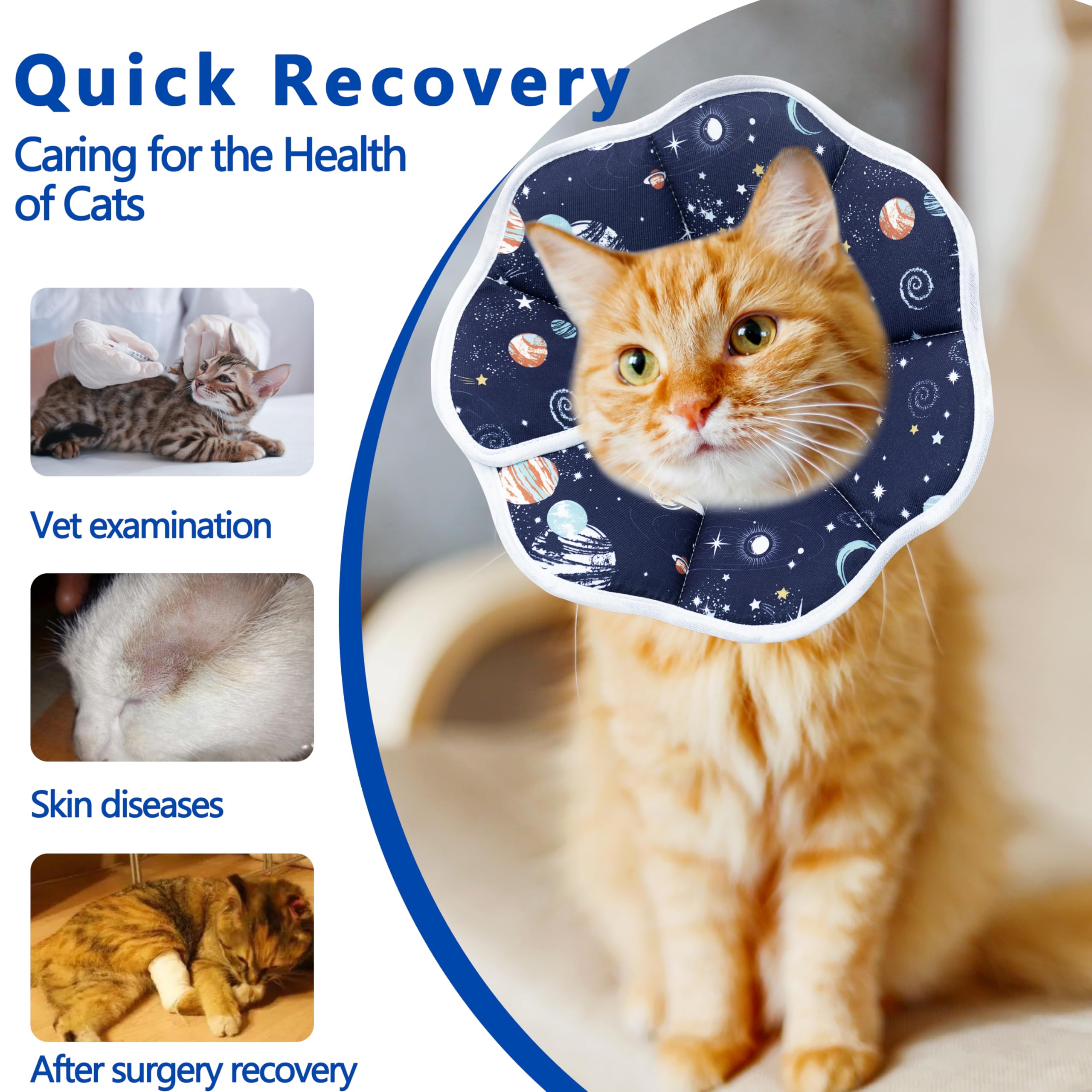Tabby cat wearing a soft adjustable Elizabethan recovery cone collar, shown from the front on a light background