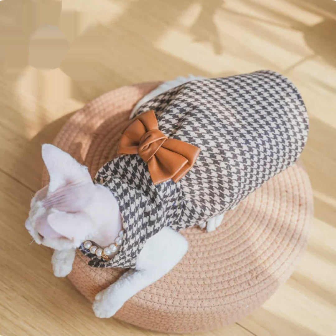 Sphynx cat wearing a knit bow dress in soft yarn, shown from the side to display the fitted cat costume design