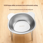 Stainless steel elevated pet bowl on a raised stand, suitable for dogs and cats, shown from a side angle