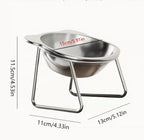 Stainless steel elevated pet bowl on a raised stand, suitable for dogs and cats, shown from a side angle