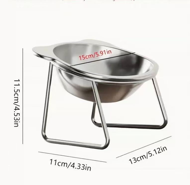 Stainless steel elevated pet bowl on a raised stand, suitable for dogs and cats, shown from a side angle