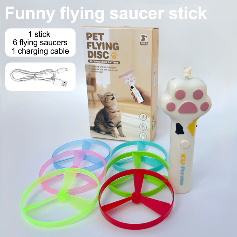 Rechargeable flying disc launcher cat toy shown with all 6 included colorful discs for interactive play