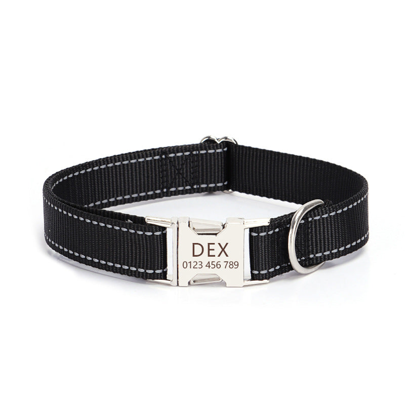 Adjustable nylon reflective dog collar shown in close-up detail, highlighting durable stitching and reflective strip