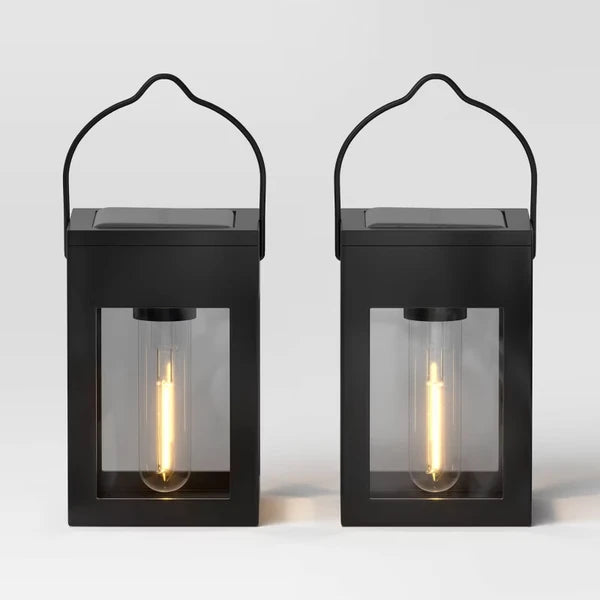 Matte black solar LED lantern path light shown from a side angle, part of a 2-pack set for outdoor use