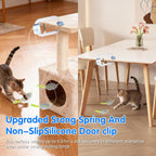Rechargeable electric cat teaser toy clipped to a door frame with remote control nearby