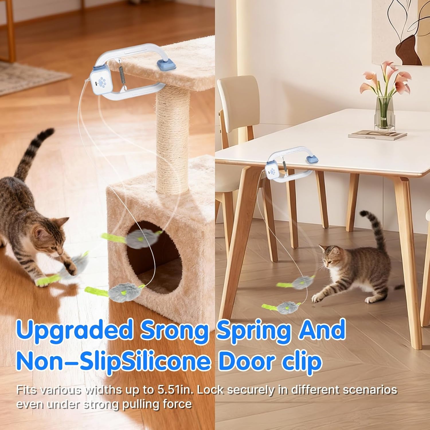 Rechargeable electric cat teaser toy clipped to a door frame with remote control nearby