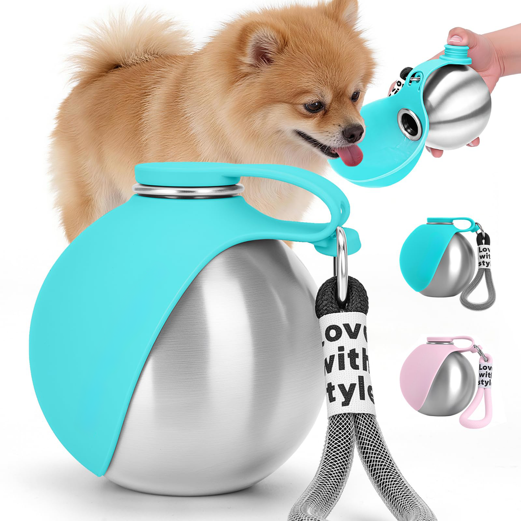 10oz stainless steel portable dog water bottle with attached bowl, ideal for travel and outdoor adventures with pets
