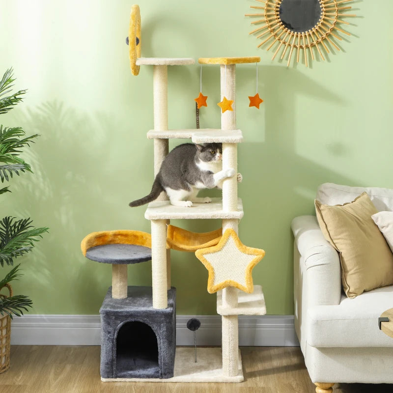 PawHut 63-inch moon and star cat tree showing multi-level platforms, cozy condo, hammock, and sisal scratching post