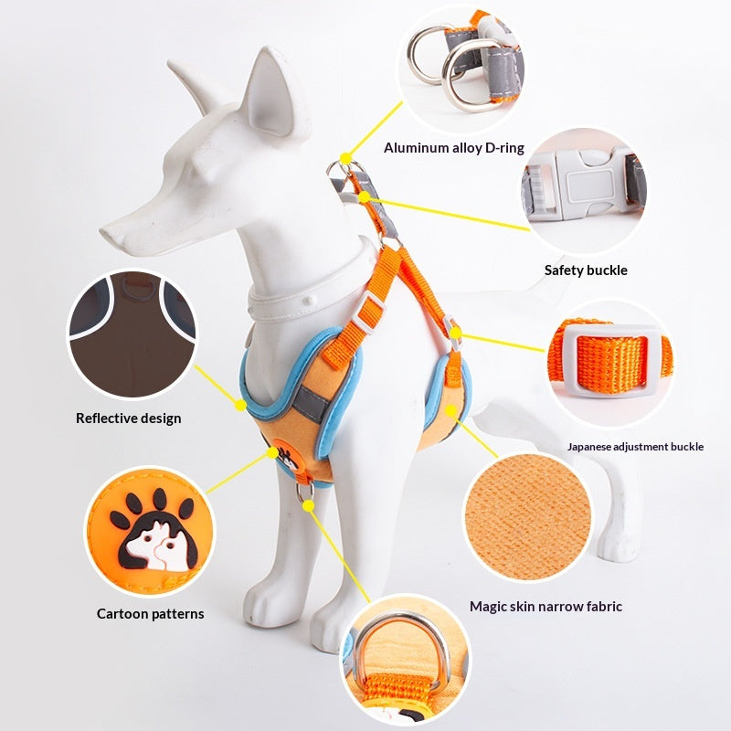 Breathable high-leg cat harness and leash set with Bichon Frise print, shown in a flat lay view