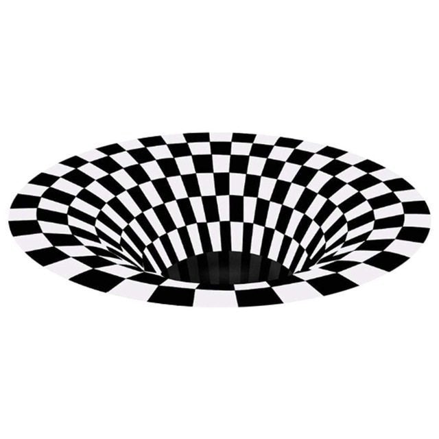 Circular swirl patterned area rug with a bold 3D vortex illusion print, shown flat on the floor