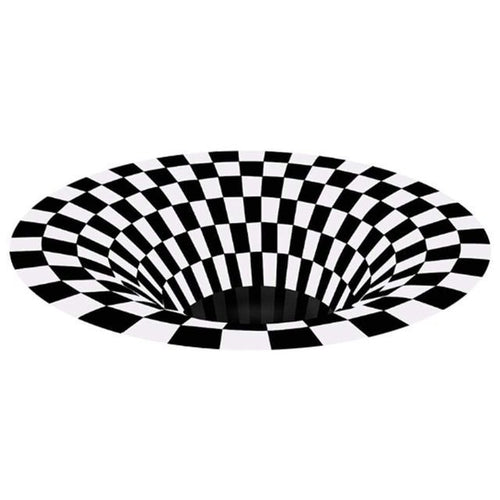 Circular swirl patterned area rug with a bold 3D vortex illusion print, shown flat on the floor