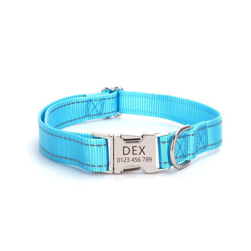 Adjustable nylon dog collar with reflective stitching shown flat, highlighting durable buckle and safety visibility strip