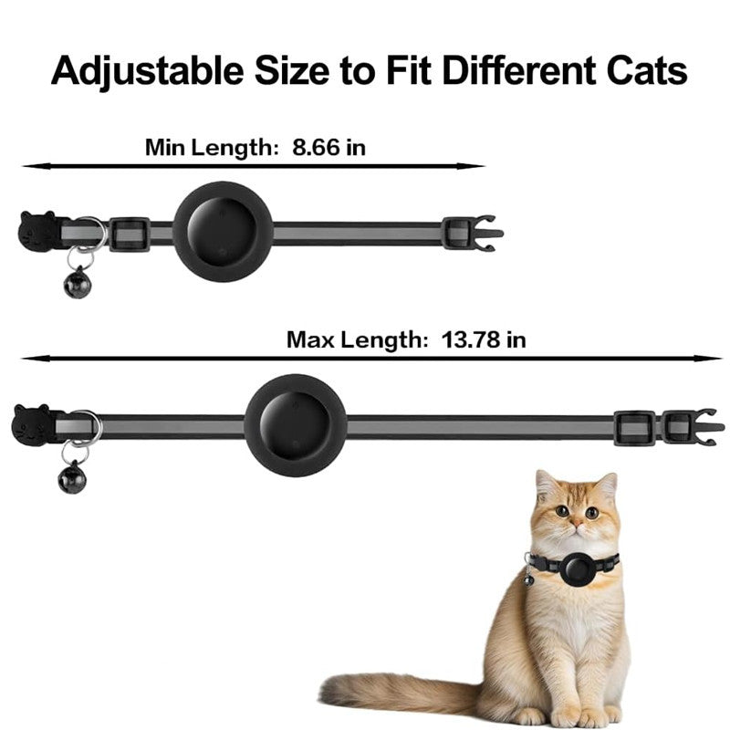 GPS cat collar with built-in tracking module shown close up, compatible with Apple Find My and Android devices