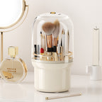 Clear rotating makeup brush holder with dustproof lid, showing organized brushes stored upright in the 1L cylindrical contain