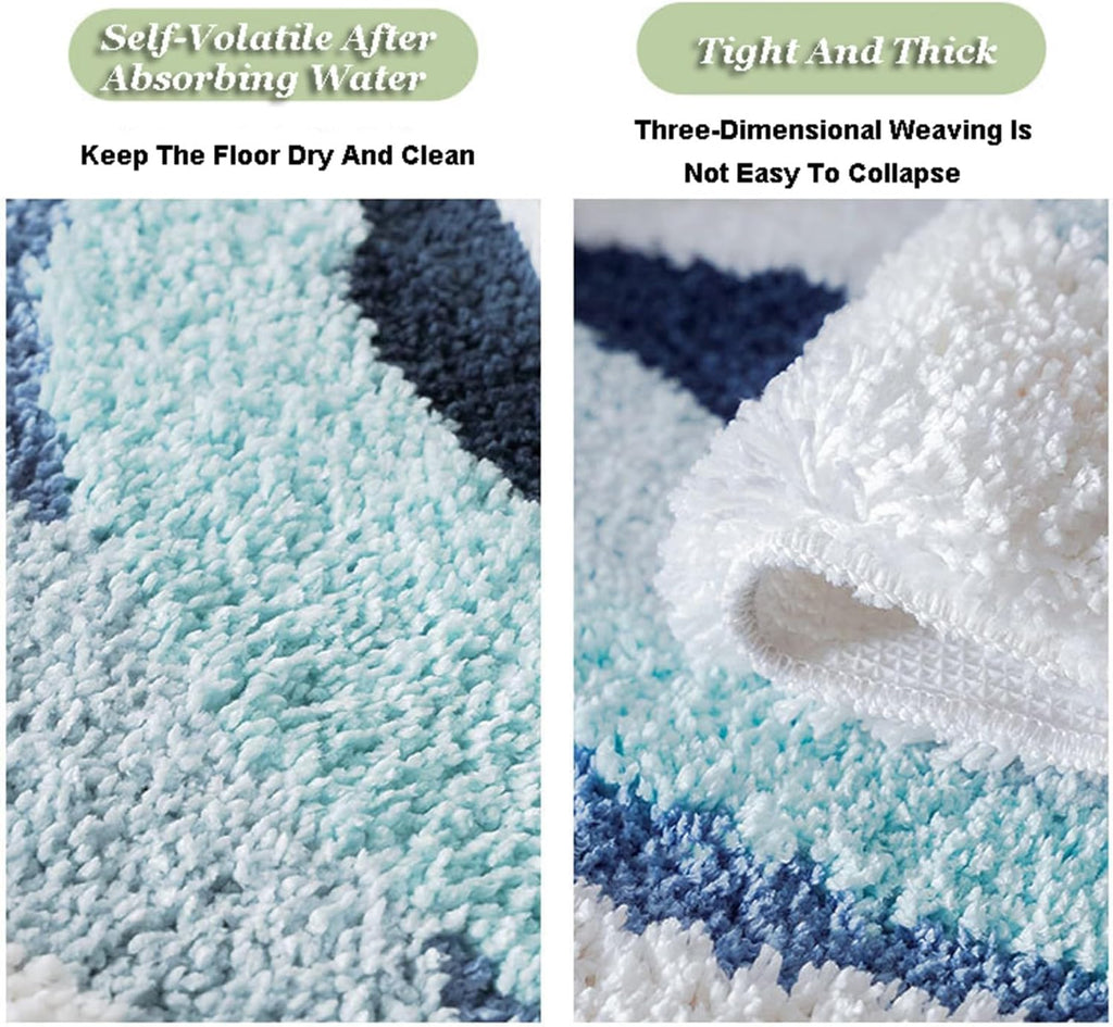Fluffy wave-shaped bath mat with absorbent non-slip surface, shown in a soft neutral tone for bathroom flooring