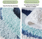 Fluffy wave-shaped bath mat with absorbent non-slip surface, shown in a soft neutral tone for bathroom flooring