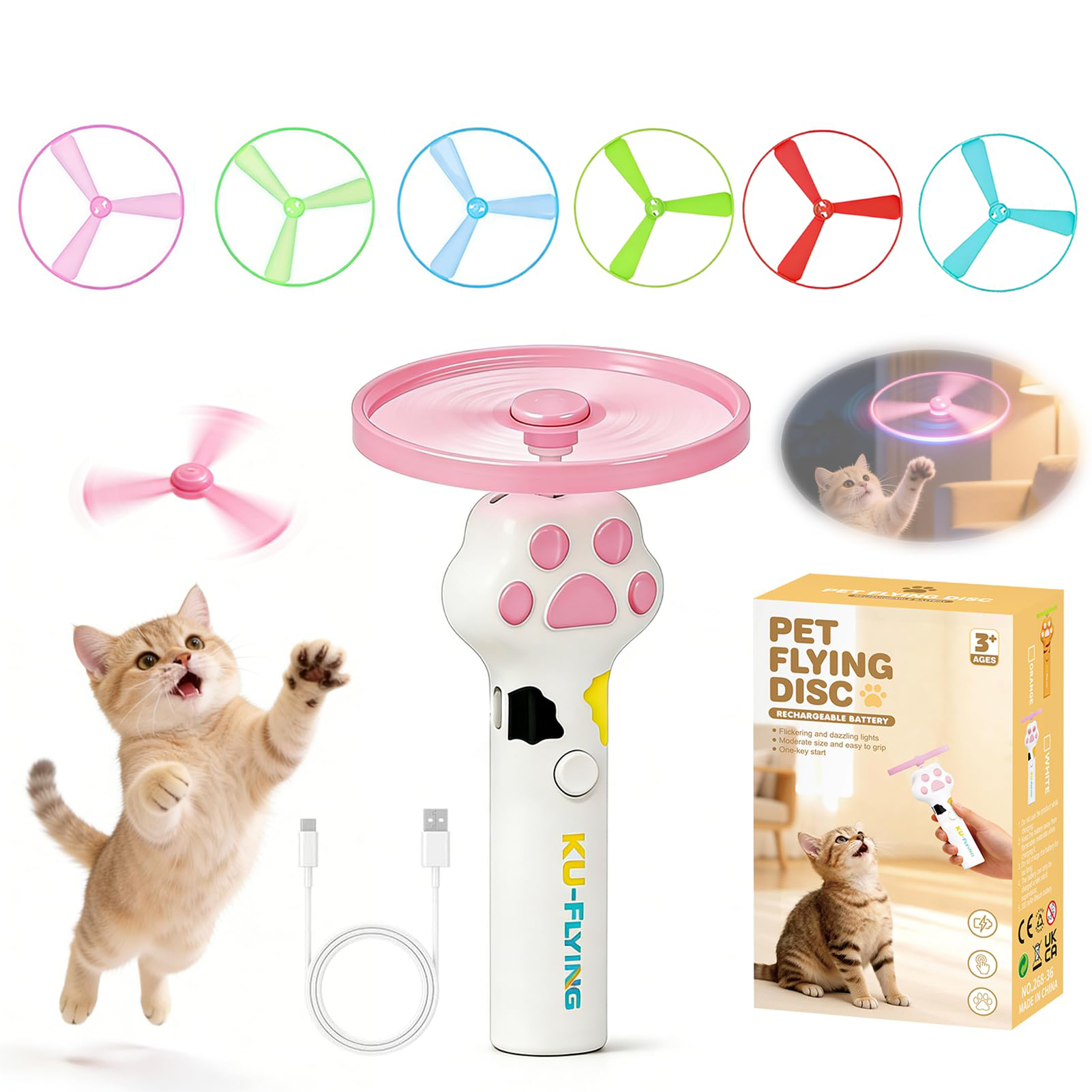 Rechargeable flying disc launcher cat toy shown with 6 colorful discs included for interactive play