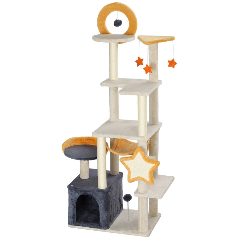 PawHut 63-inch moon and star cat tree featuring a cozy condo, hammock, and sisal scratching post for cats