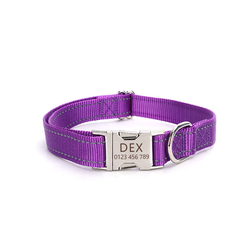 Adjustable nylon dog collar with reflective stitching shown flat on a white background