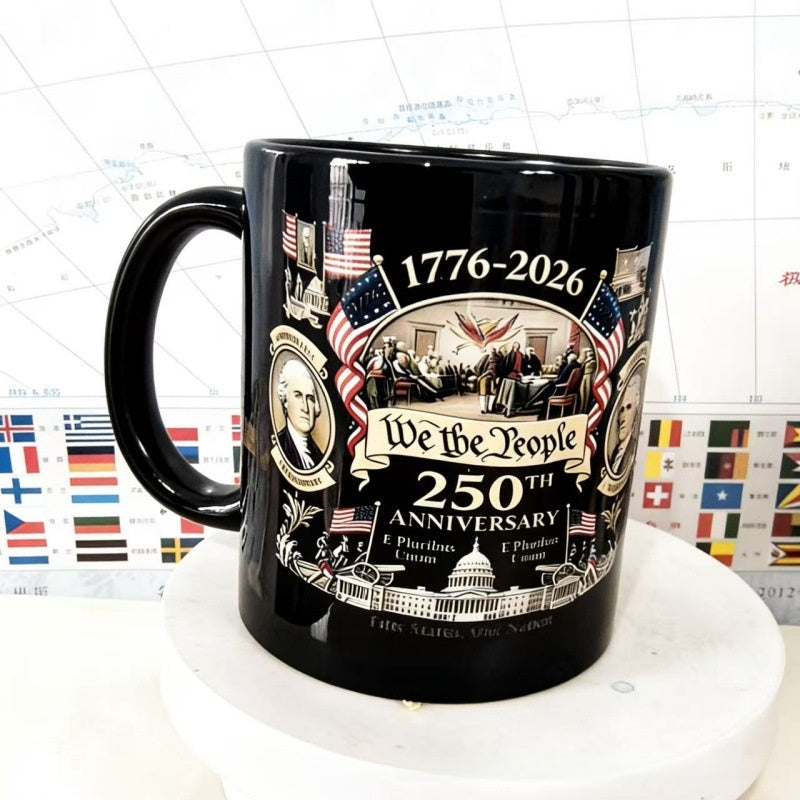 White 250th Anniversary ceramic coffee mug with commemorative design, 301–400ml round cup shown from the side