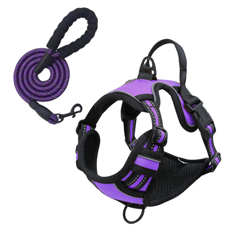 Reflective dog vest harness with chest-strap leash, breathable mesh design for secure and comfortable walks