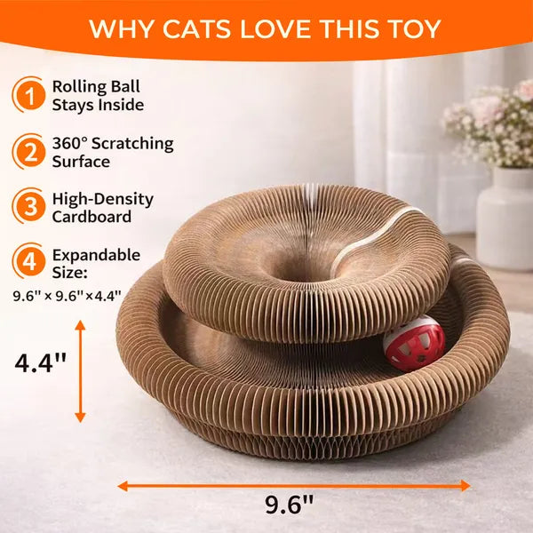 Foldable accordion cat scratcher laid flat showing corrugated texture and attached bell ball toy, 2 pack