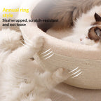 Sisal rope cat scratcher bed with cozy nest bowl, showing textured rope sides and soft interior for cats to rest and scratch