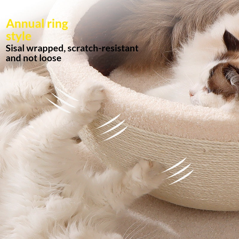 Sisal rope cat scratcher bed with cozy nest bowl, showing textured rope sides and soft interior for cats to rest and scratch