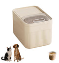 Gray airtight pet food storage container with attached measuring cup, keeping dry kibble fresh and organized