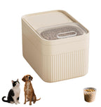 Gray airtight pet food storage container with attached measuring cup, keeping dry kibble fresh and organized