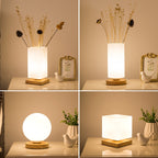 Nordic minimalist solid wood table lamp with a warm natural finish, shown as a modern desk light accent.