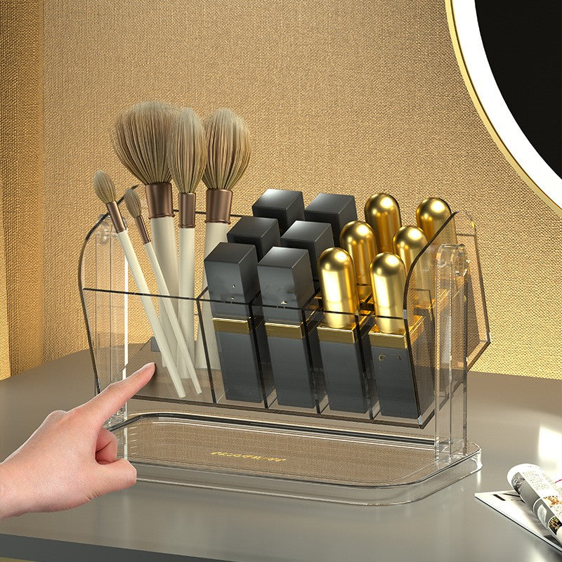 Clear rotating makeup organizer box holding lipsticks and brushes, showing 360-degree swivel base and transparent PET compart