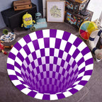 Round area rug featuring a bold 3D swirl vortex illusion print in deep blue and black tones