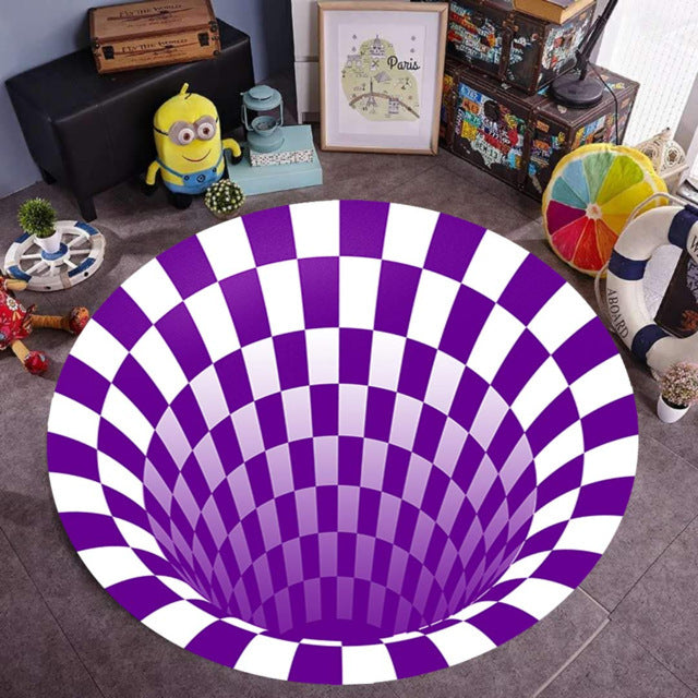 Round area rug featuring a bold 3D swirl vortex illusion print in deep blue and black tones