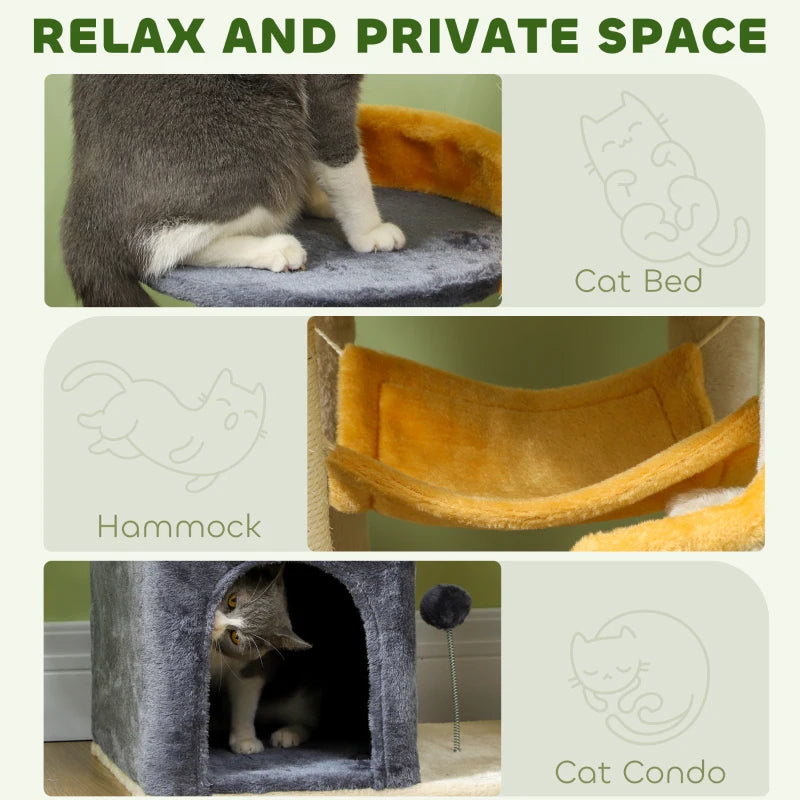 PawHut 63-inch moon and star cat tree showing the sisal scratching post, cozy condo, and hanging hammock perch
