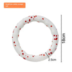 Colorful dog pull ring toy shown from multiple angles, durable rubber chew and tug toy for dogs