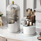 Clear acrylic 360 rotating makeup brush holder with lid, shown open on a desktop with brushes and beauty tools organized insi