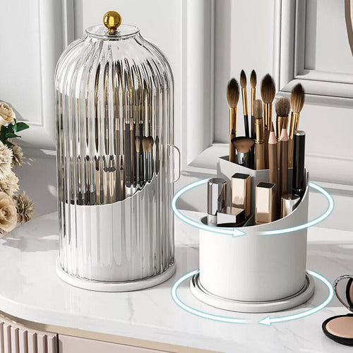 Clear acrylic 360 rotating makeup brush holder with lid, shown open on a desktop with brushes and beauty tools organized insi