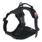 Reflective nylon pet harness and leash set shown from the side, highlighting adjustable straps and secure escape-proof buckle