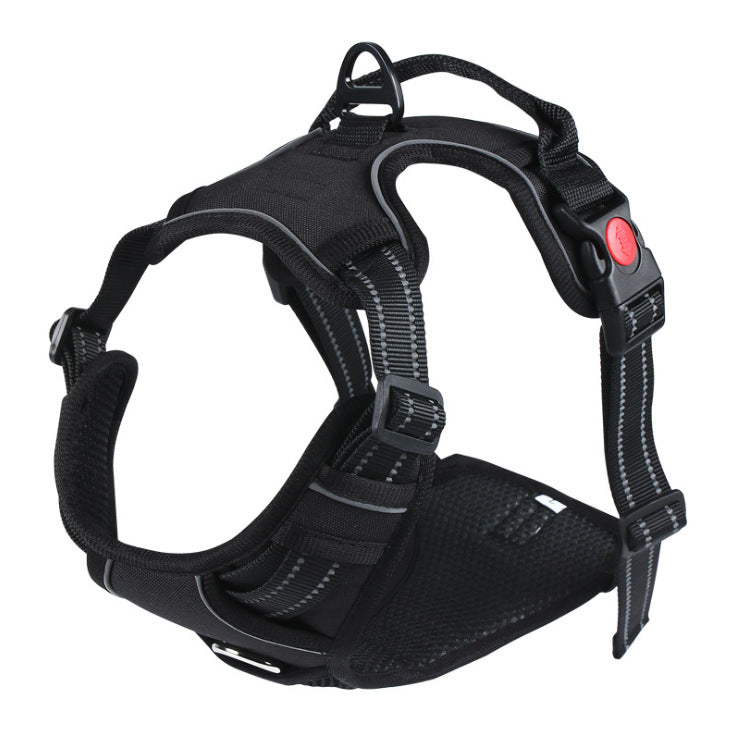Reflective nylon pet harness and leash set shown from the side, highlighting adjustable straps and secure escape-proof buckle