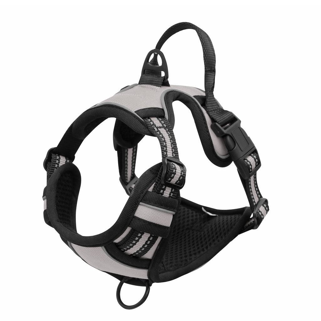 Reflective dog vest harness with chest-strap leash shown from the side, highlighting breathable mesh fabric and safety strips