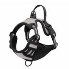 Reflective dog vest harness with chest-strap leash shown from the side, highlighting breathable mesh fabric and safety strips