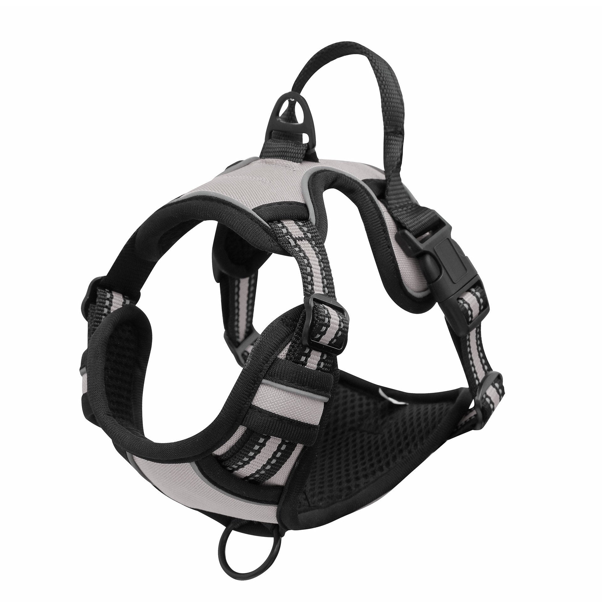 Reflective dog vest harness with chest-strap leash shown from the side, highlighting breathable mesh fabric and safety strips