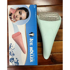 Ice roller massager for face resting on a white surface, a cooling facial massage tool for skincare routines