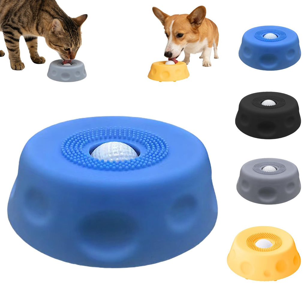 Light blue dog slow feeder lick bowl with a rolling ball insert to slow eating and support healthy digestion