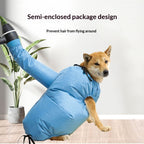 Pet drying bag open on a flat surface showing mesh ventilation panels and zipper closure for blow dry grooming