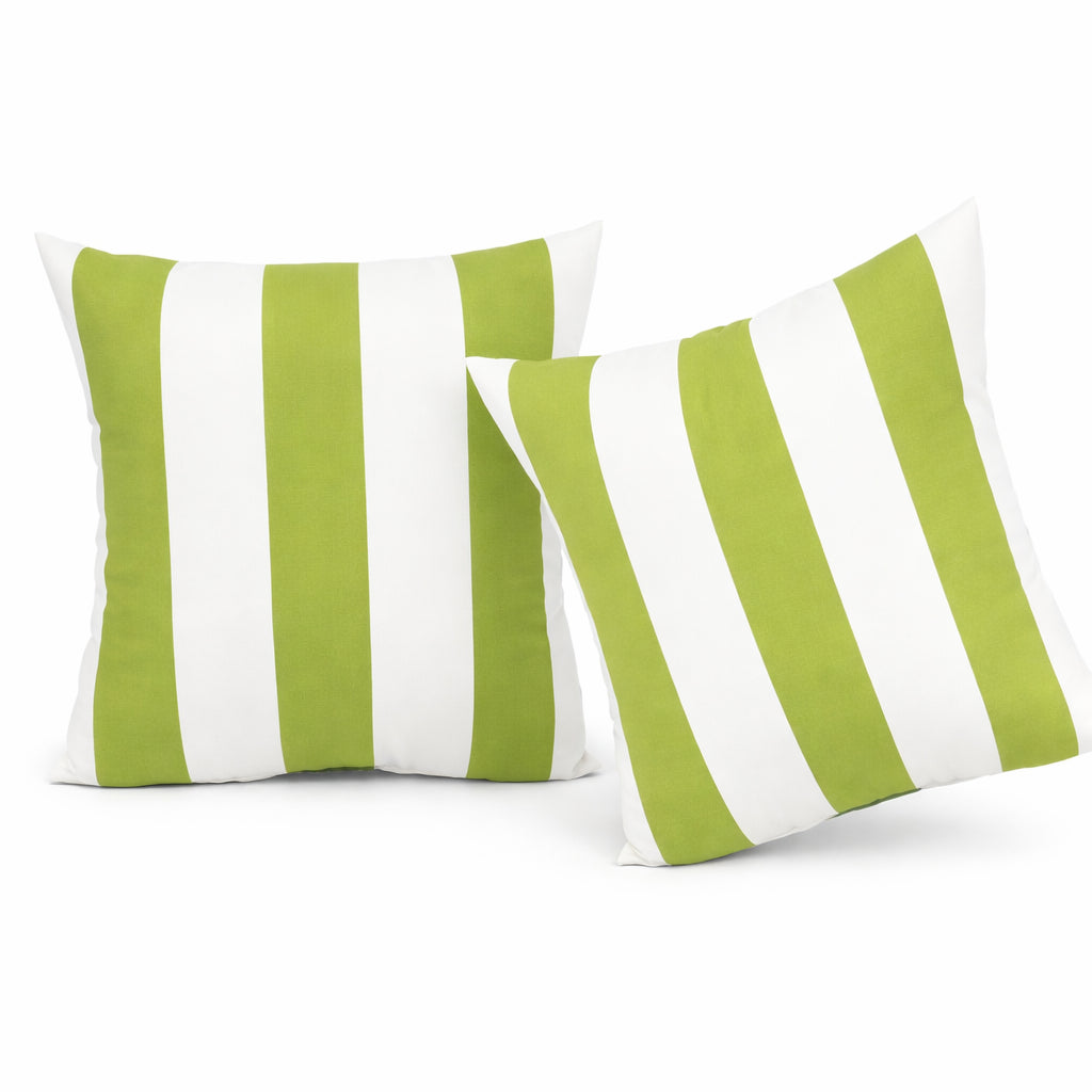 Green and white 18x18 waterproof outdoor throw pillows on a patio chair, set of 2