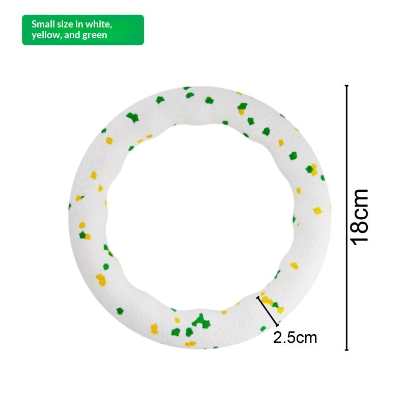 Colorful rubber dog pull ring toy shown from a side angle highlighting its durable loop shape for interactive play