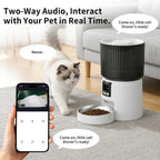 Automatic pet feeder with built-in camera showing app control interface for timed and quantitative feeding schedules